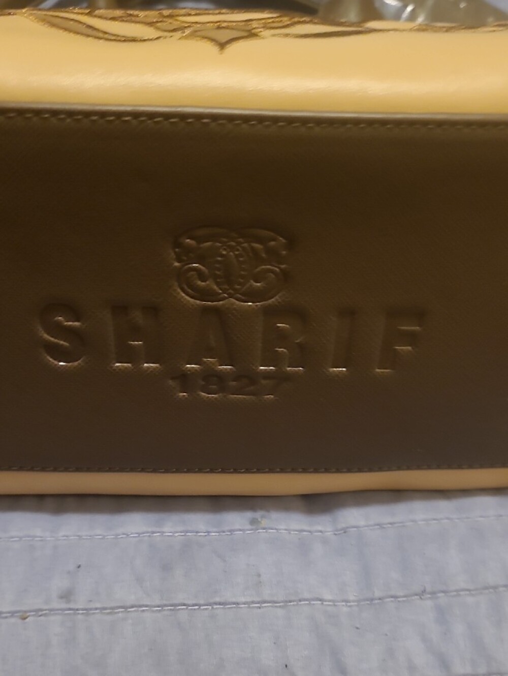 Sharif Taupe and Cream Embroidered Satchel with Gold Accents Callout In Photos - Picture 4 of 15